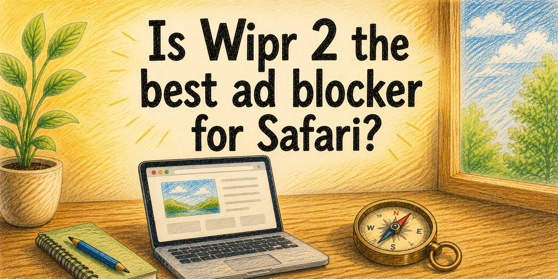 A colored pencil sketch of a computer with a simple, clean website, aside a compass on a wooden desk with the caption "Is Wipr 2 the best ad blocker for Safari?"