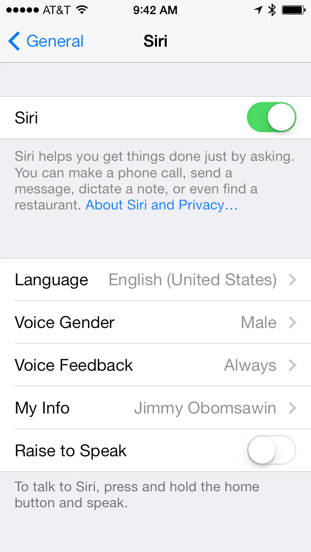 iPhone Siri settings with Siri enabled and personal information configured