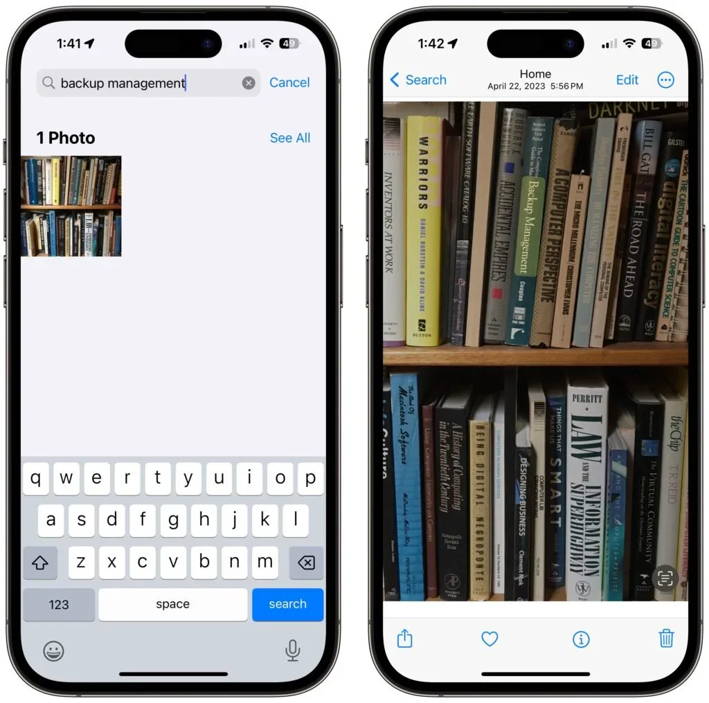Two iPhones using photo search to identify books on a shelf