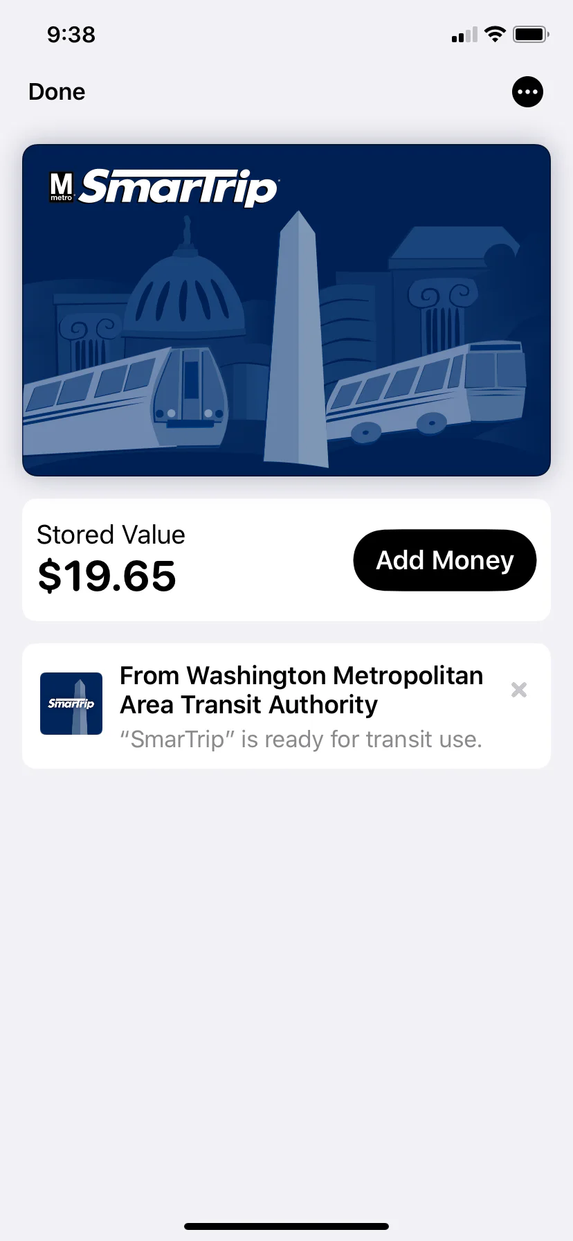 Digital SmarTrip card and balance displayed in the SmarTrip app