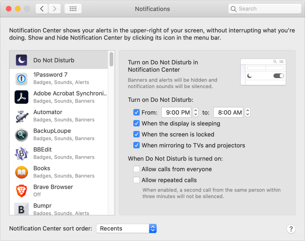 Mac Notifications settings showing a scheduled Do Not Disturb period
