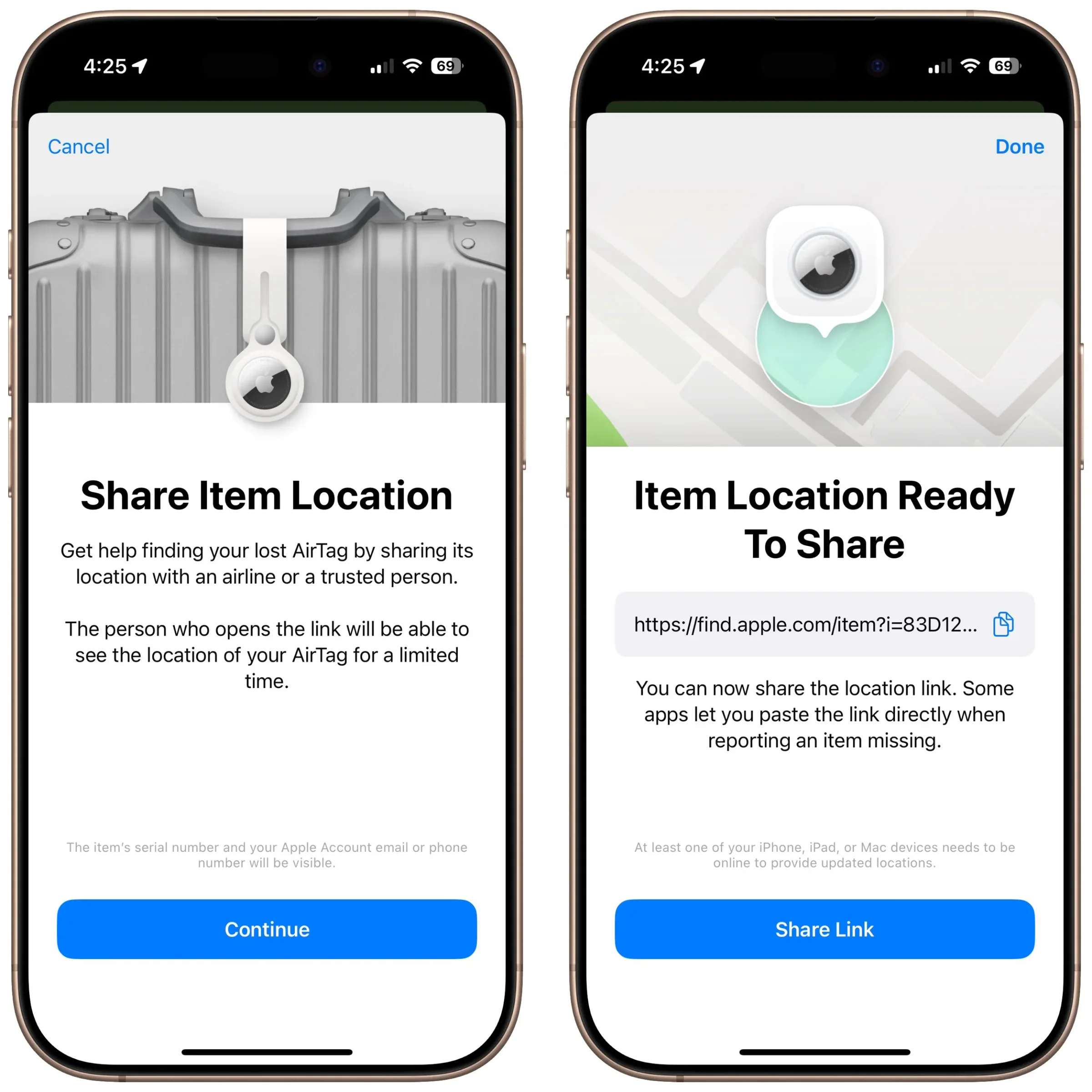 Two iPhone Find My screens showing Share Item Location and a ready-to-share link