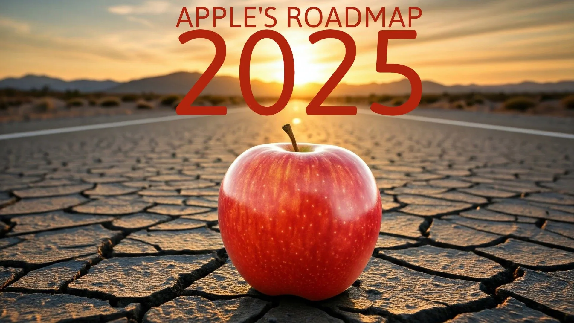 An apple on cracked ground beneath the title Apple's Roadmap 2025