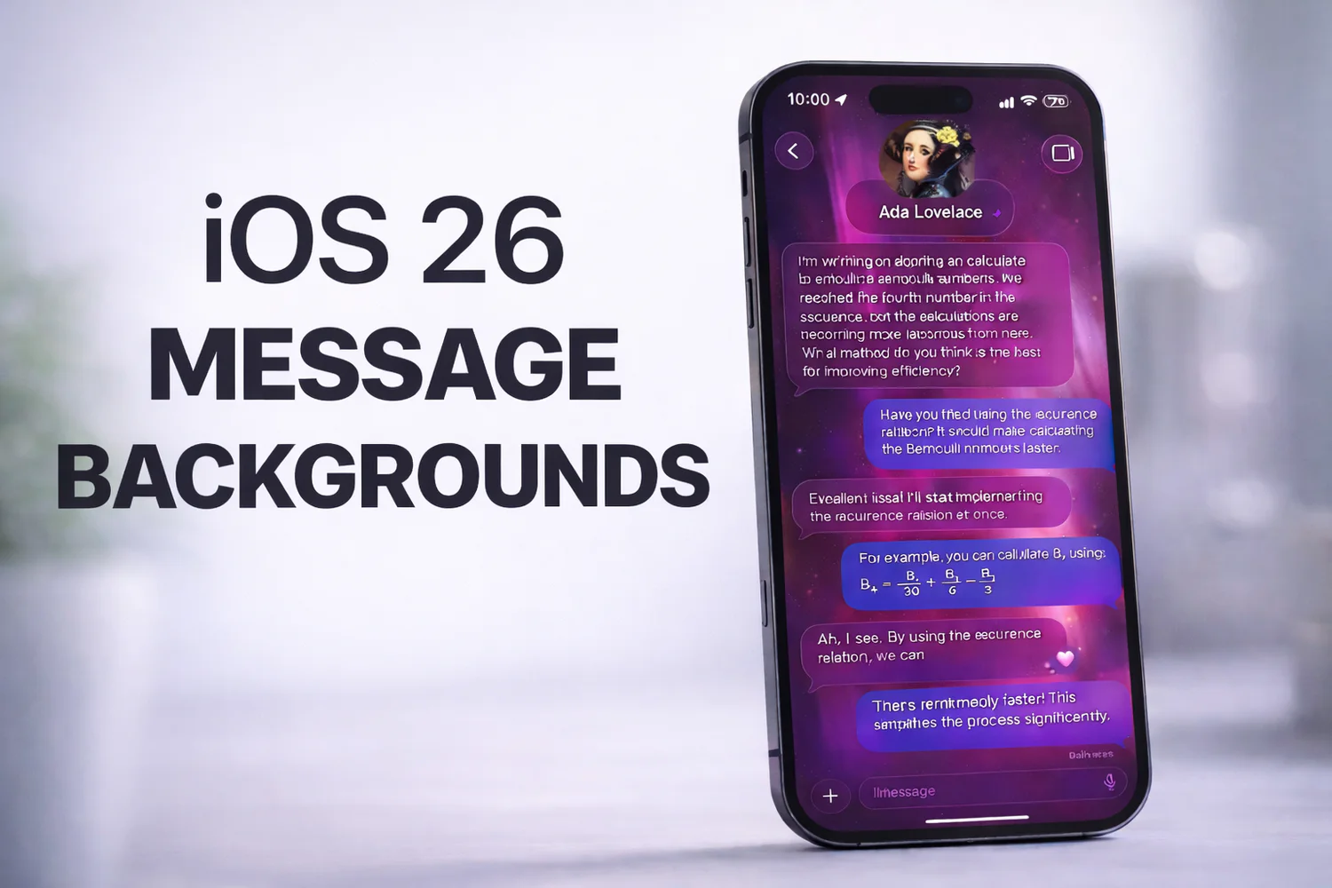 Apple device screenshot showing Ada Lovelace MESSAGE Im wring on doorihe an calculate
