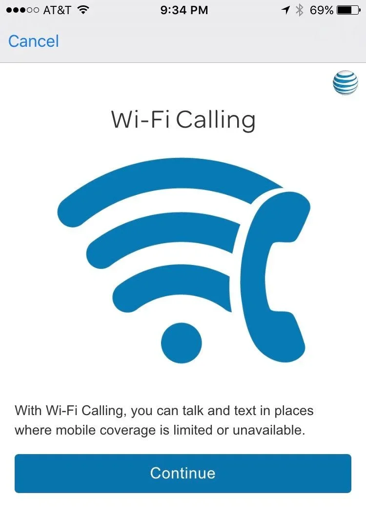 AT&T Wi-Fi Calling setup screen on an iPhone