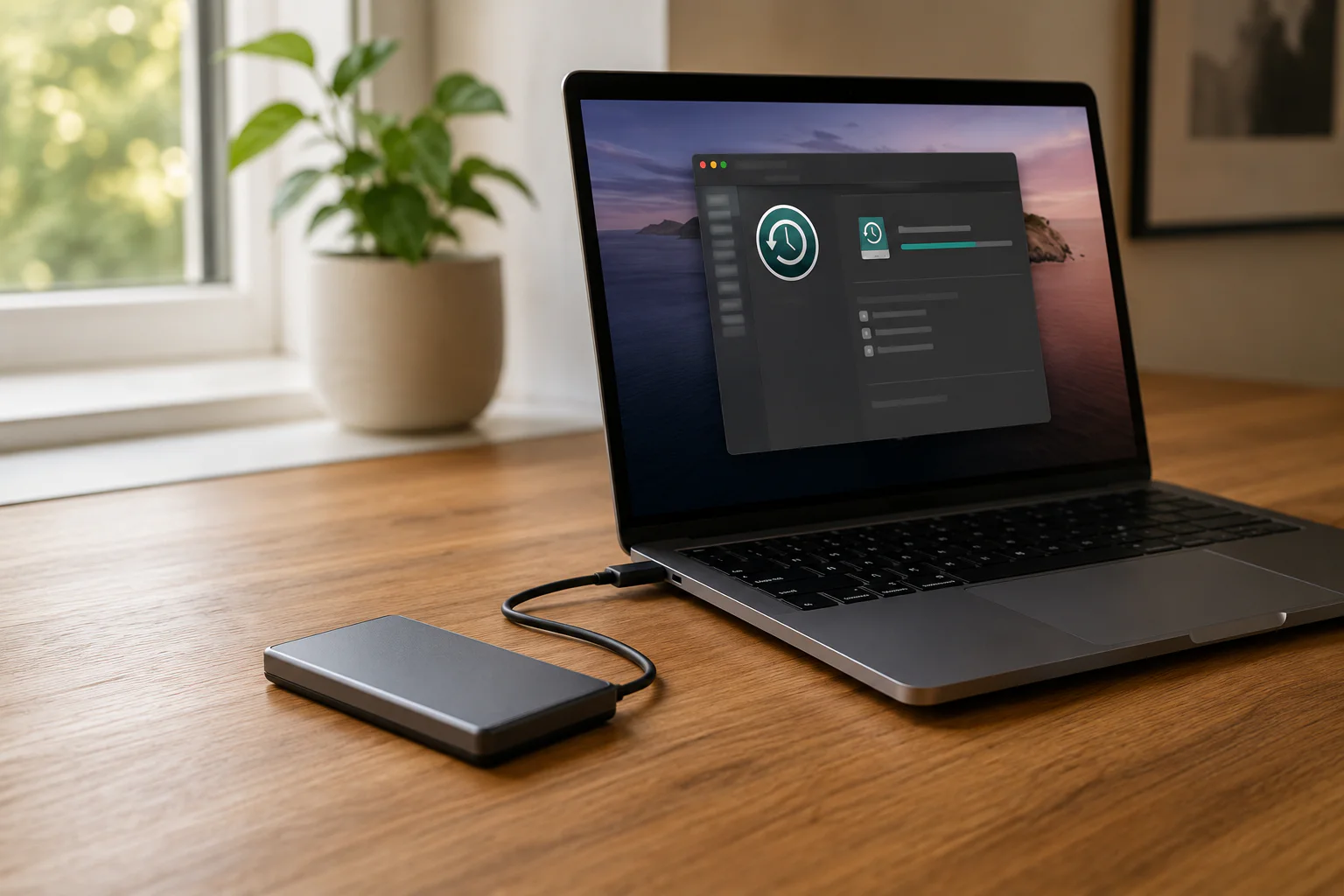 A MacBook displaying Time Machine with an external backup drive connected