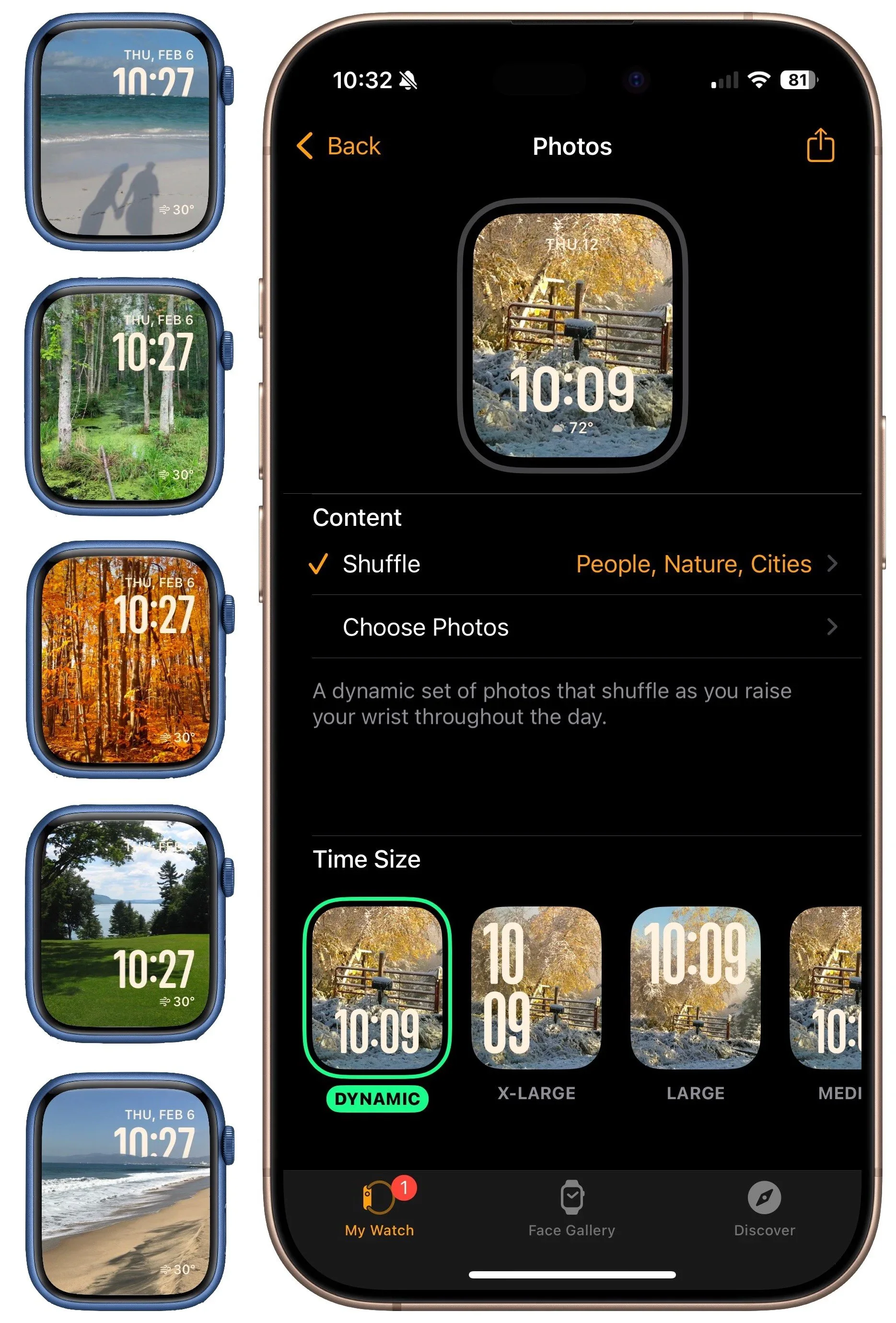 iPhone Watch app configuring a Photos watch face beside several watch previews