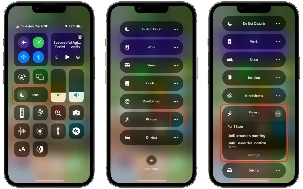 Three iPhones showing Focus controls in Control Center