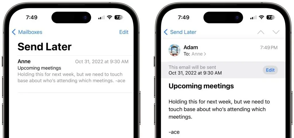 Apple device screenshot showing < Mailboxes Send Later Anne