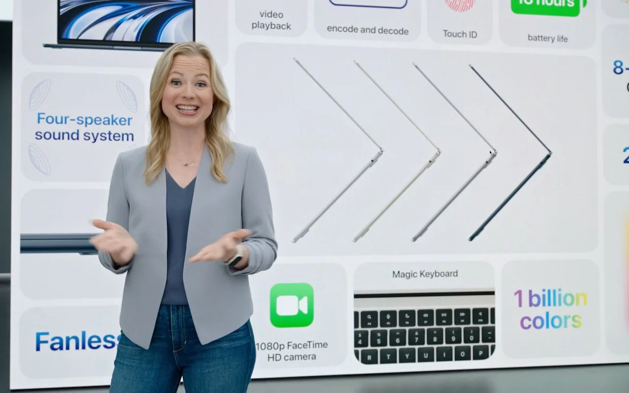 Apple presentation showing MacBook Air features including MagSafe, a 1080p camera, and new colors