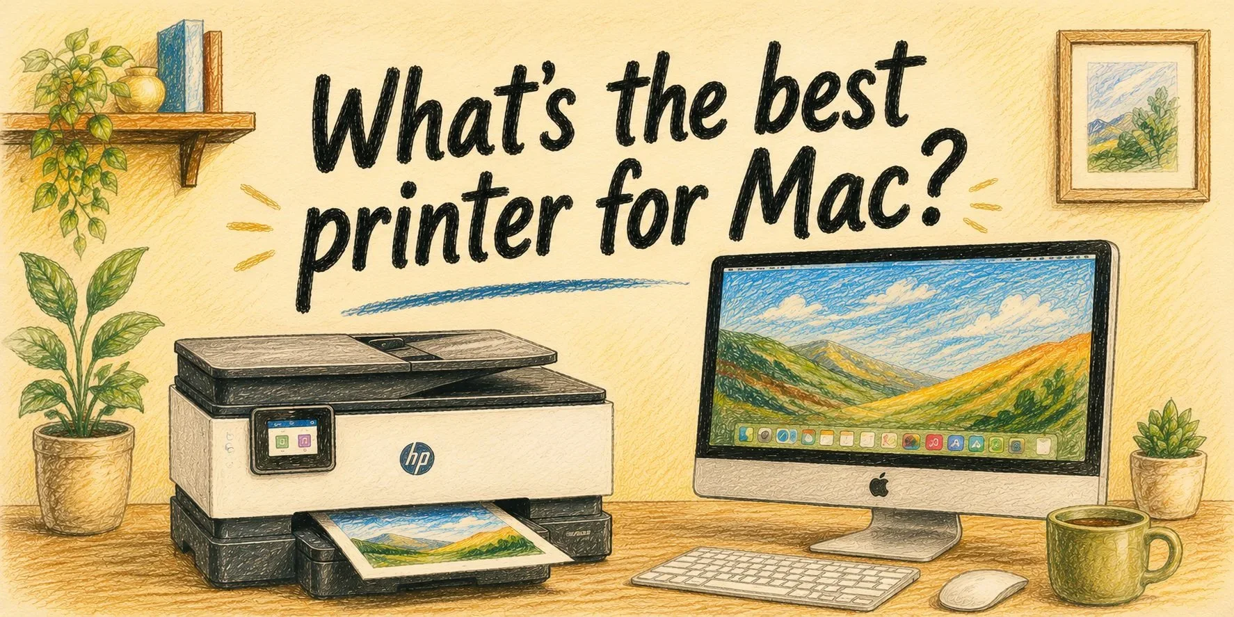 An HP inkjet printer on a table next to an iMac with the title What's the best printer for Mac?