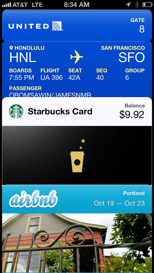IMG_0647 Passbook showing United Airlines, Starbucks, and Airbnb passes