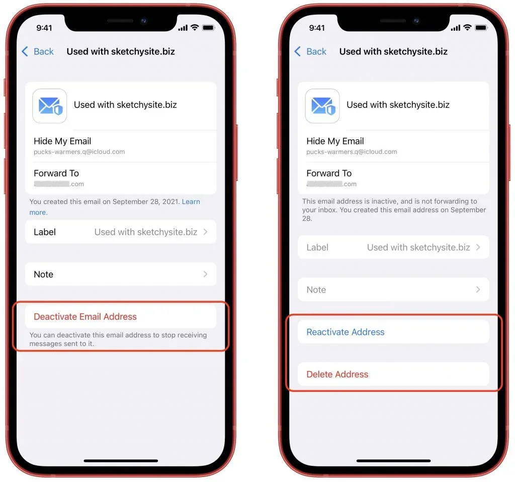 Two iPhone screens showing how to deactivate or reactivate a Hide My Email address
