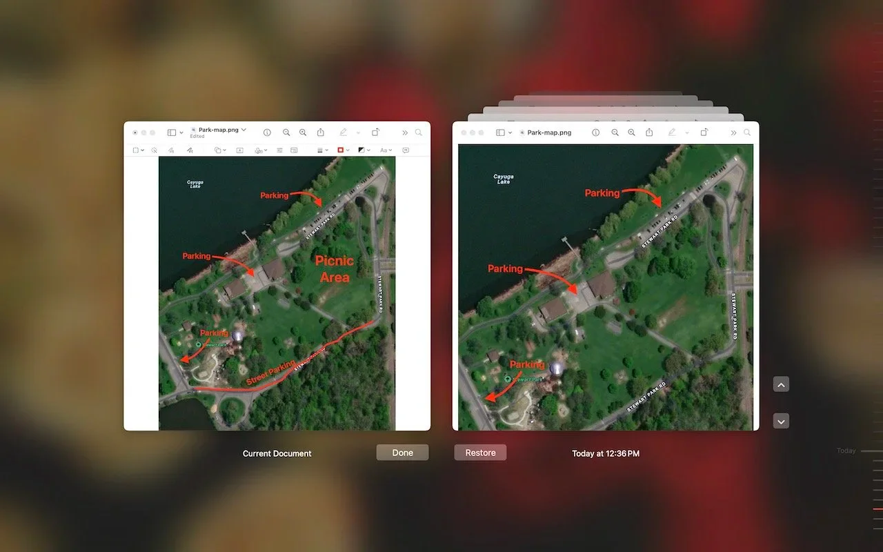 Mac document version comparison showing two annotated aerial photographs