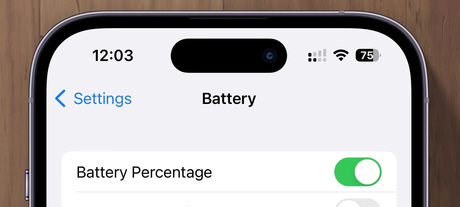 iPhone Battery settings with Battery Percentage enabled
