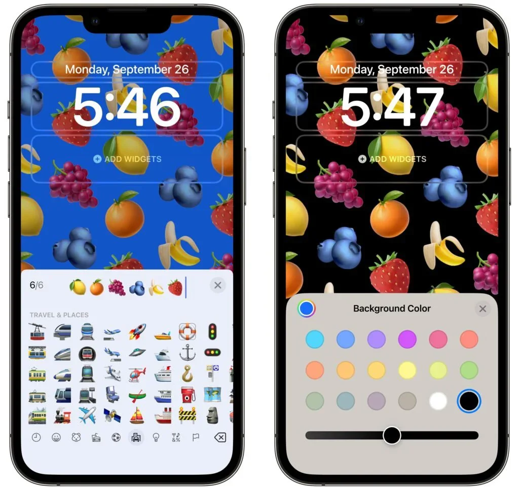 Two colorful emoji Lock Screens with customization controls