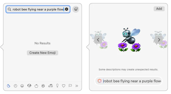 Mac Genmoji window creating a purple flying robot from a text description