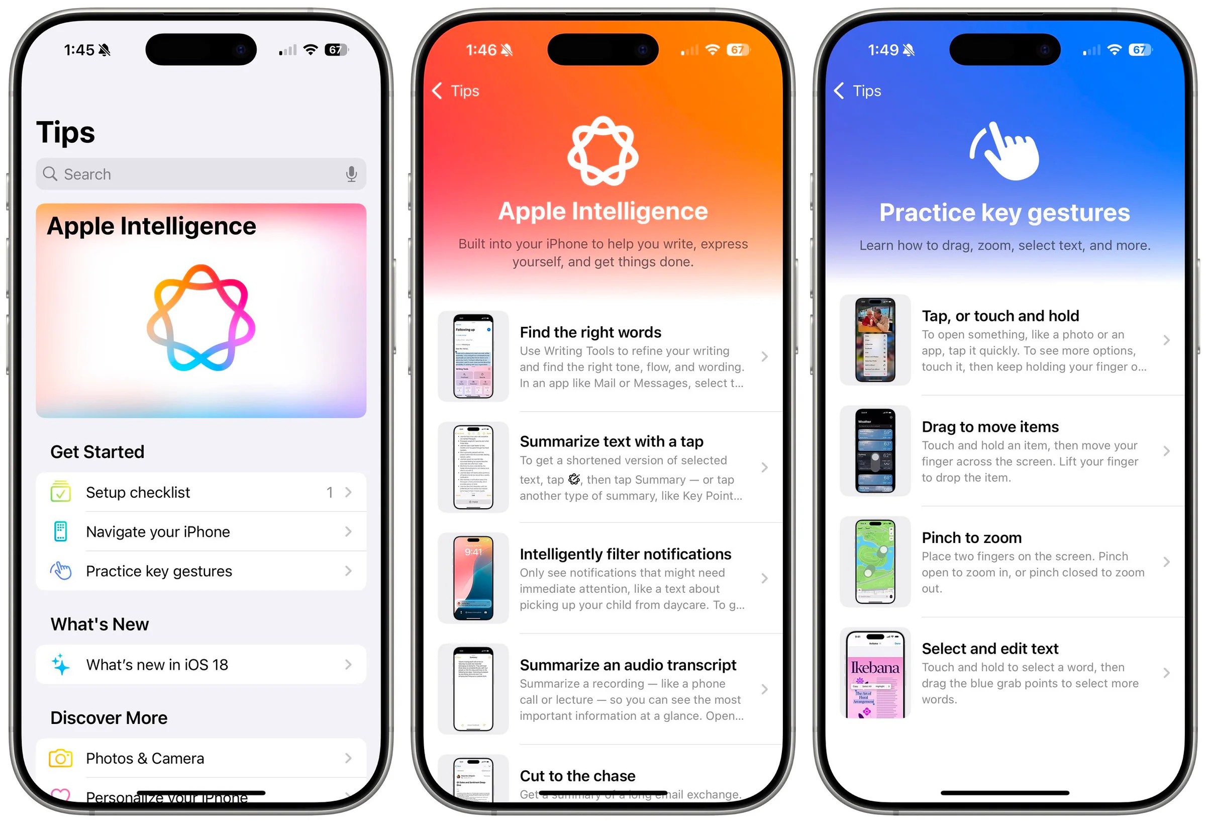 Three iPhones displaying Apple Intelligence and gesture guides in the Tips app
