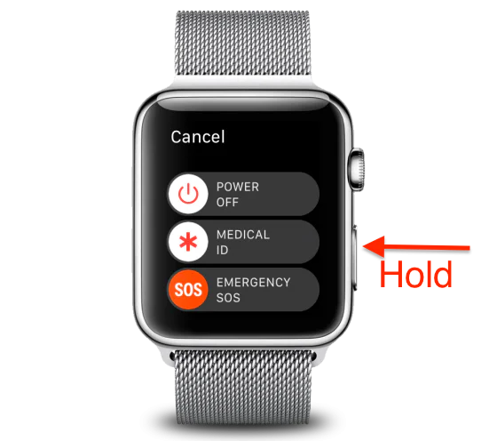 Apple Watch screenshot showing SOS POWER OFFI