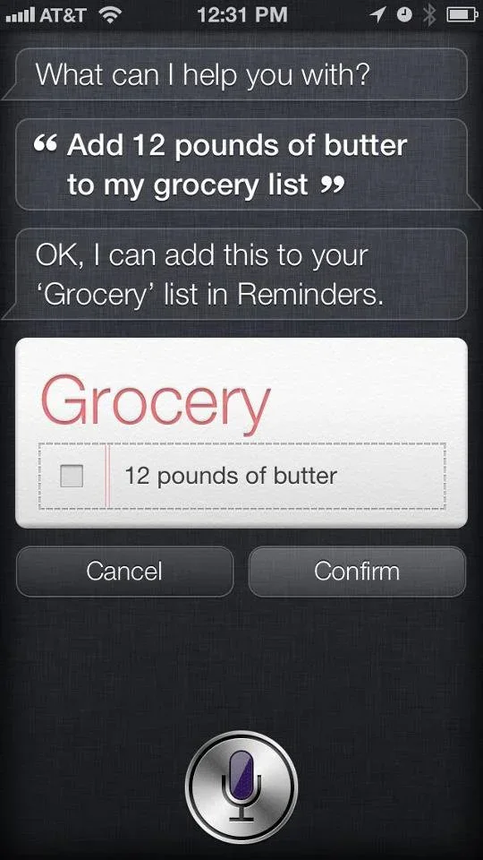 screenshot showing •Ill AT&T What can I help you with? 66 Add 12 pounds of butter