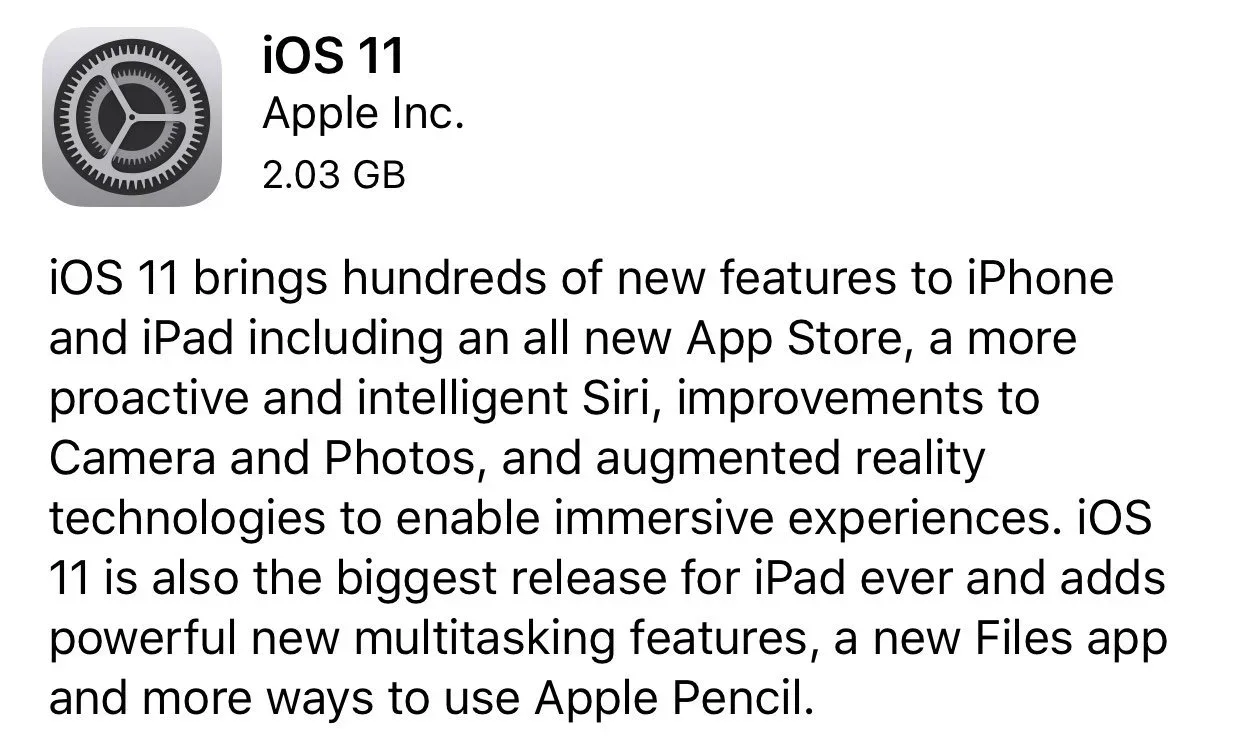 Apple device screenshot showing Apple Inc. iOS 11 brings hundreds of new features to iPhone and iPad including an all new App Store, a