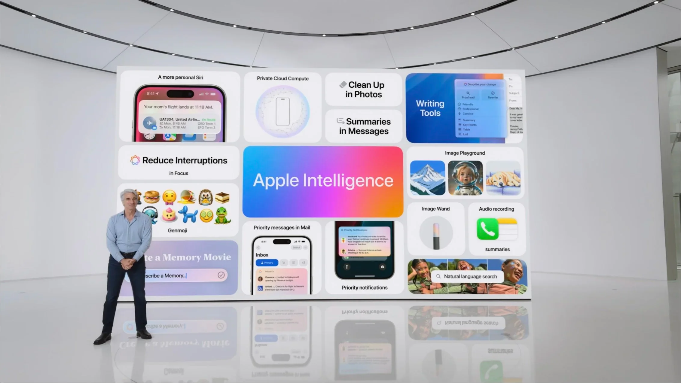 Apple Intelligence presentation showing writing tools, image creation, priority notifications, and Siri improvements