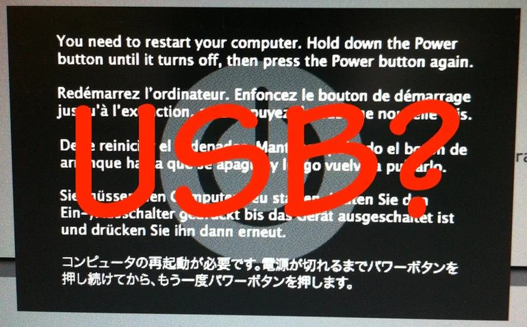 A multilingual Mac kernel panic screen with USB crossed out