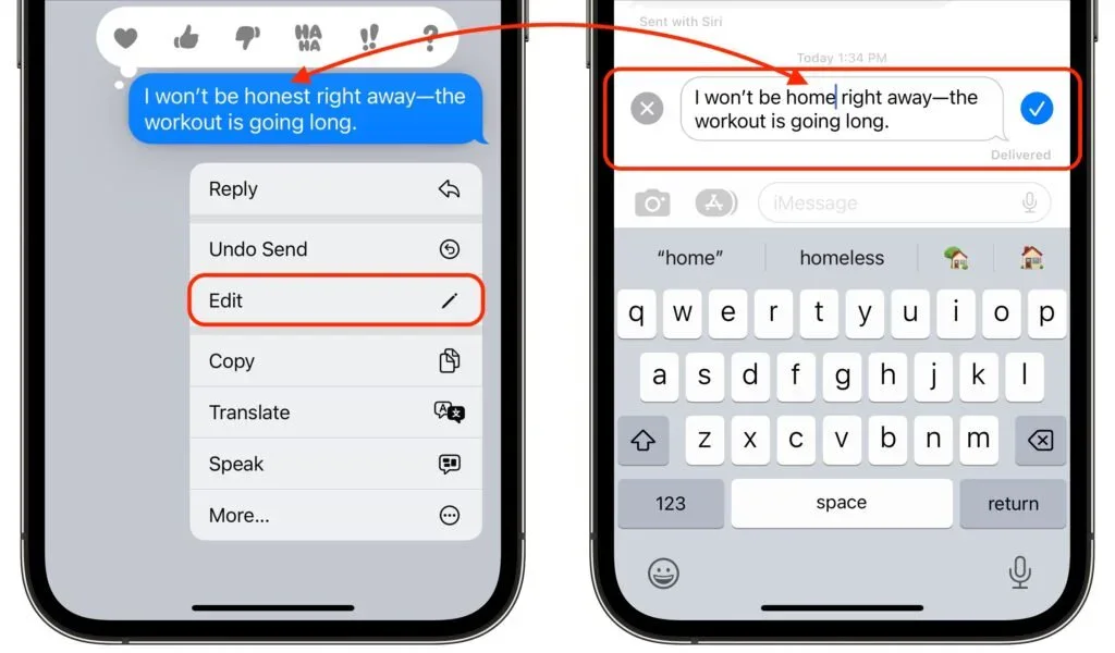 iPhone Messages menu with Undo Send highlighted