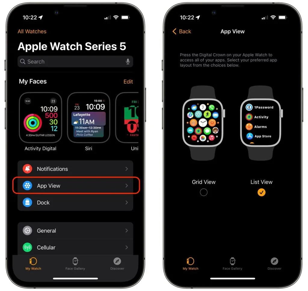 Apple Watch app settings showing the App View option and grid and list layouts