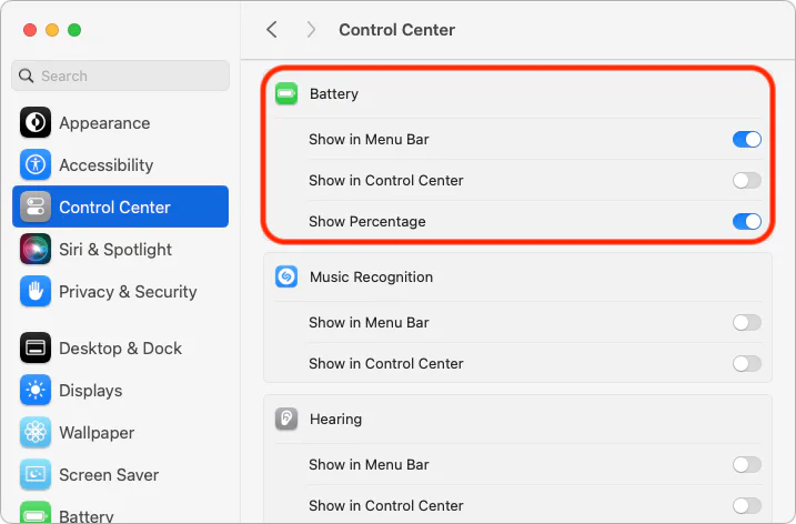 macOS Control Center settings for showing Battery in the menu bar and Control Center