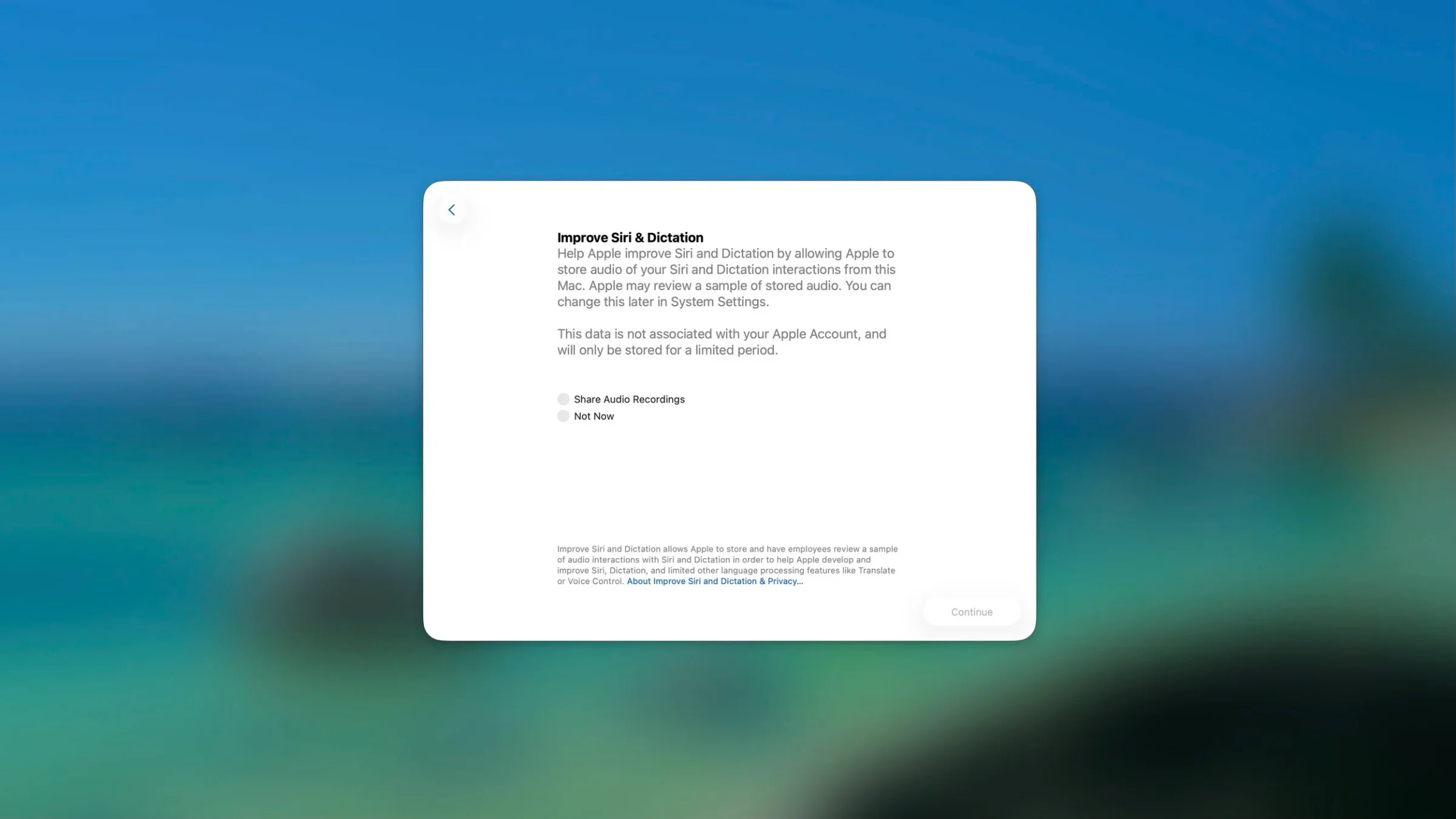 Screen displaying options to improve Siri and Dictation by sharing audio recordings or not, with a 'Continue' button at the bottom.