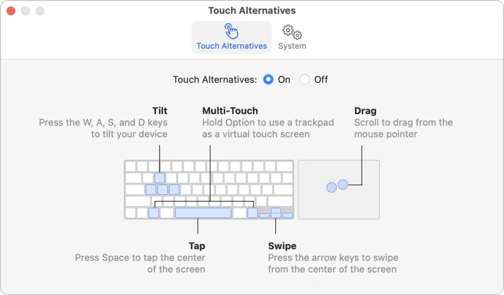 Apple device screenshot showing Touch Alternatives System Tilt