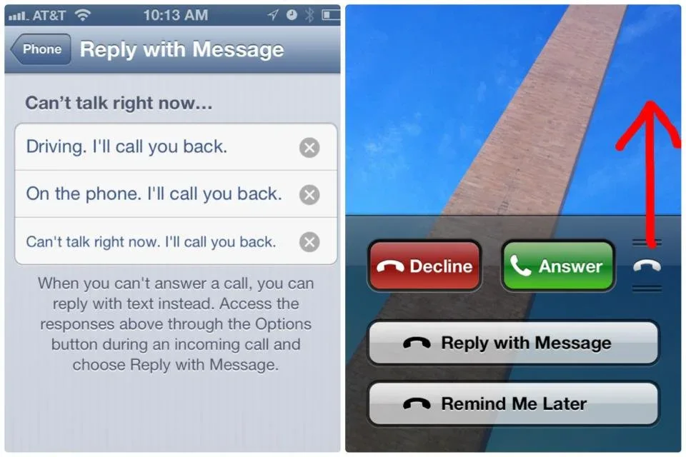 screenshot showing Phone Reply with Message Can't talk right now