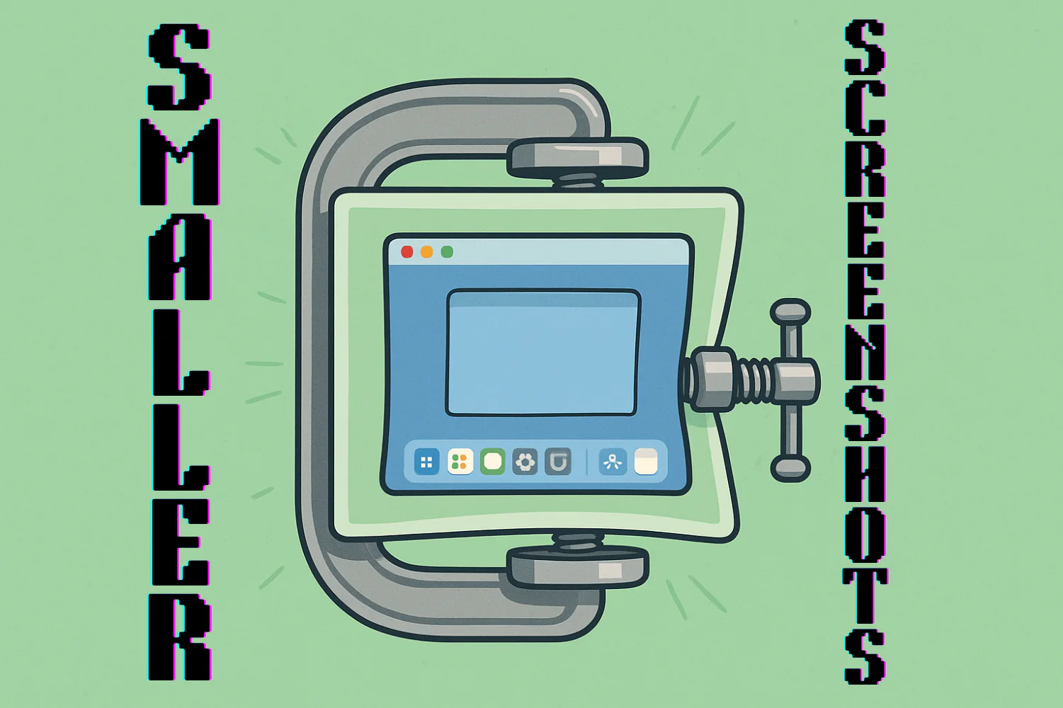 Illustration of a Mac screenshot being compressed in a clamp with the words Smaller Screenshots