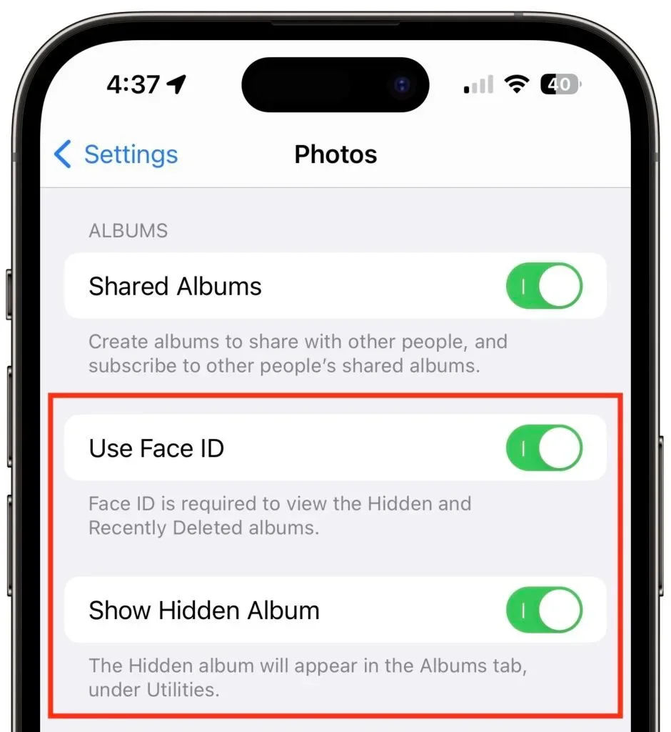 iPhone Photos settings with Use Face ID and Show Hidden Album enabled