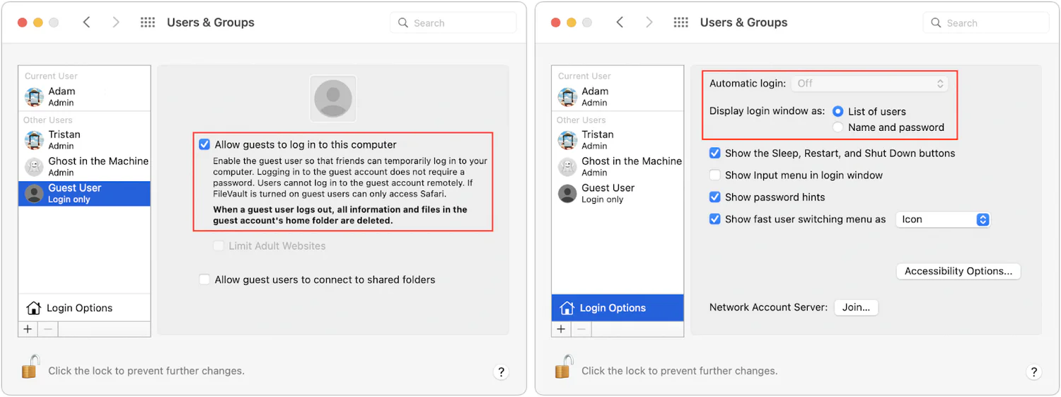 Mac Users and Groups settings showing Guest User login options