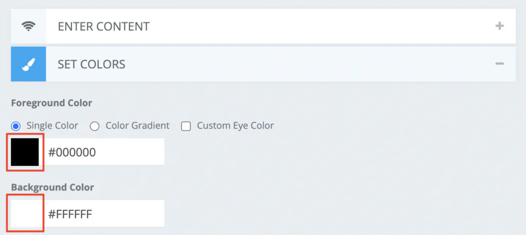 QR code color settings with black foreground and white background