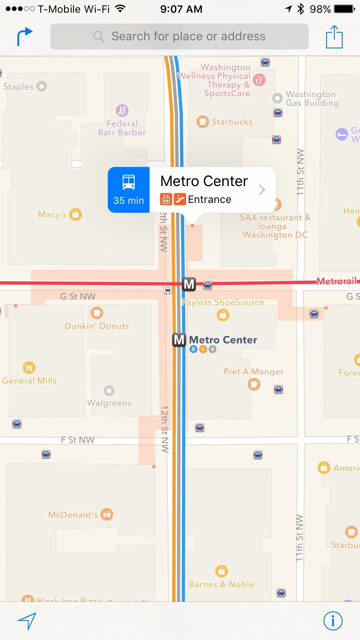 Apple Maps transit directions through downtown Washington, DC