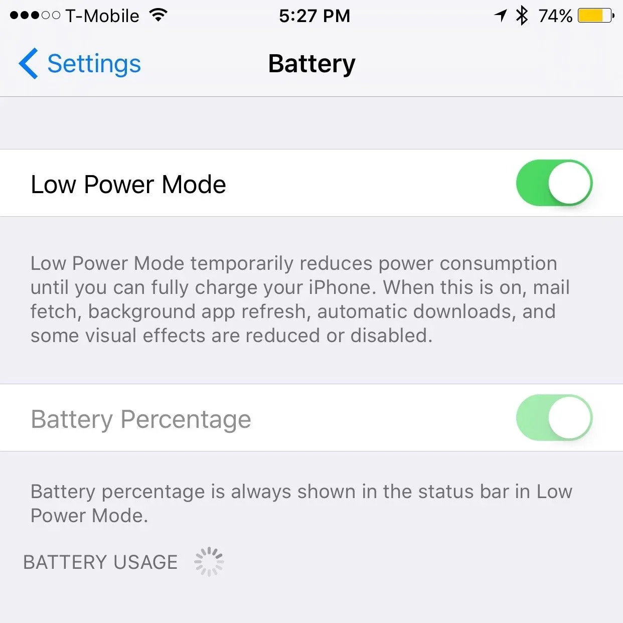 iPhone Battery settings with Low Power Mode enabled