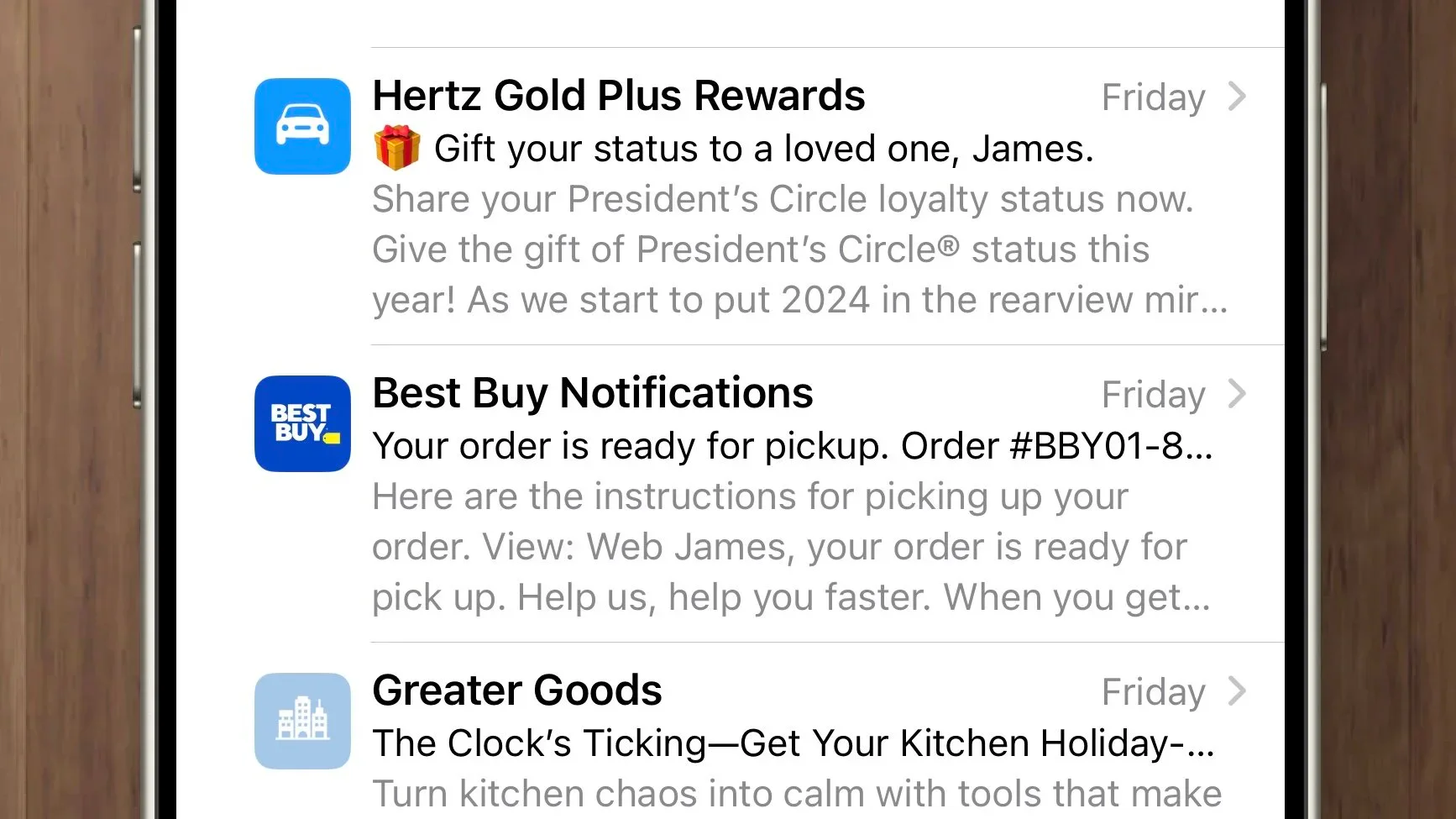iPhone Mail Primary inbox grouping messages by transaction and update categories