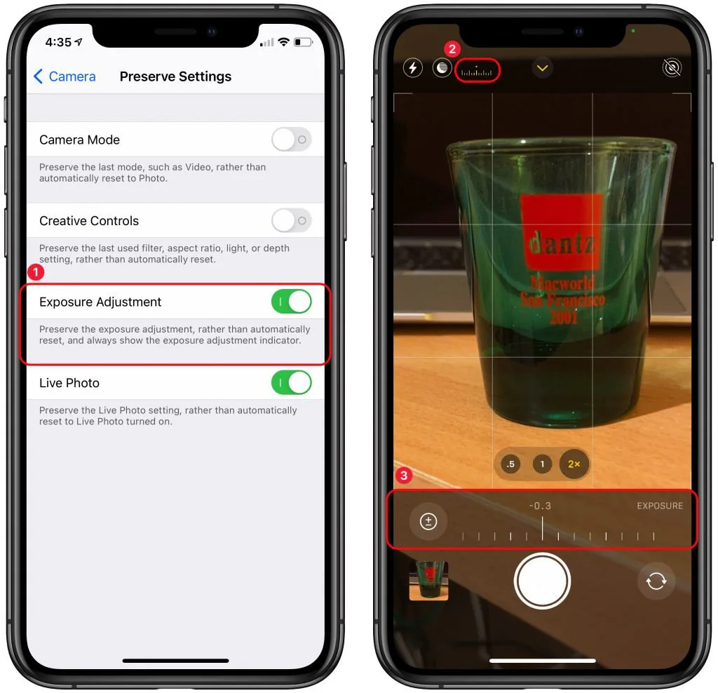 iPhone Preserve Settings beside the Camera app exposure adjustment control