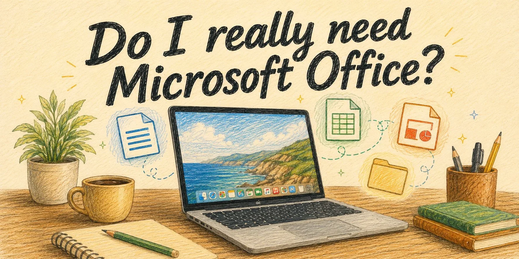 A colored pencil sketch of a laptop computer with Word, Excel, and Powerpoint documents flying out of it. The banner reads "Do I really need Microsoft Office?"