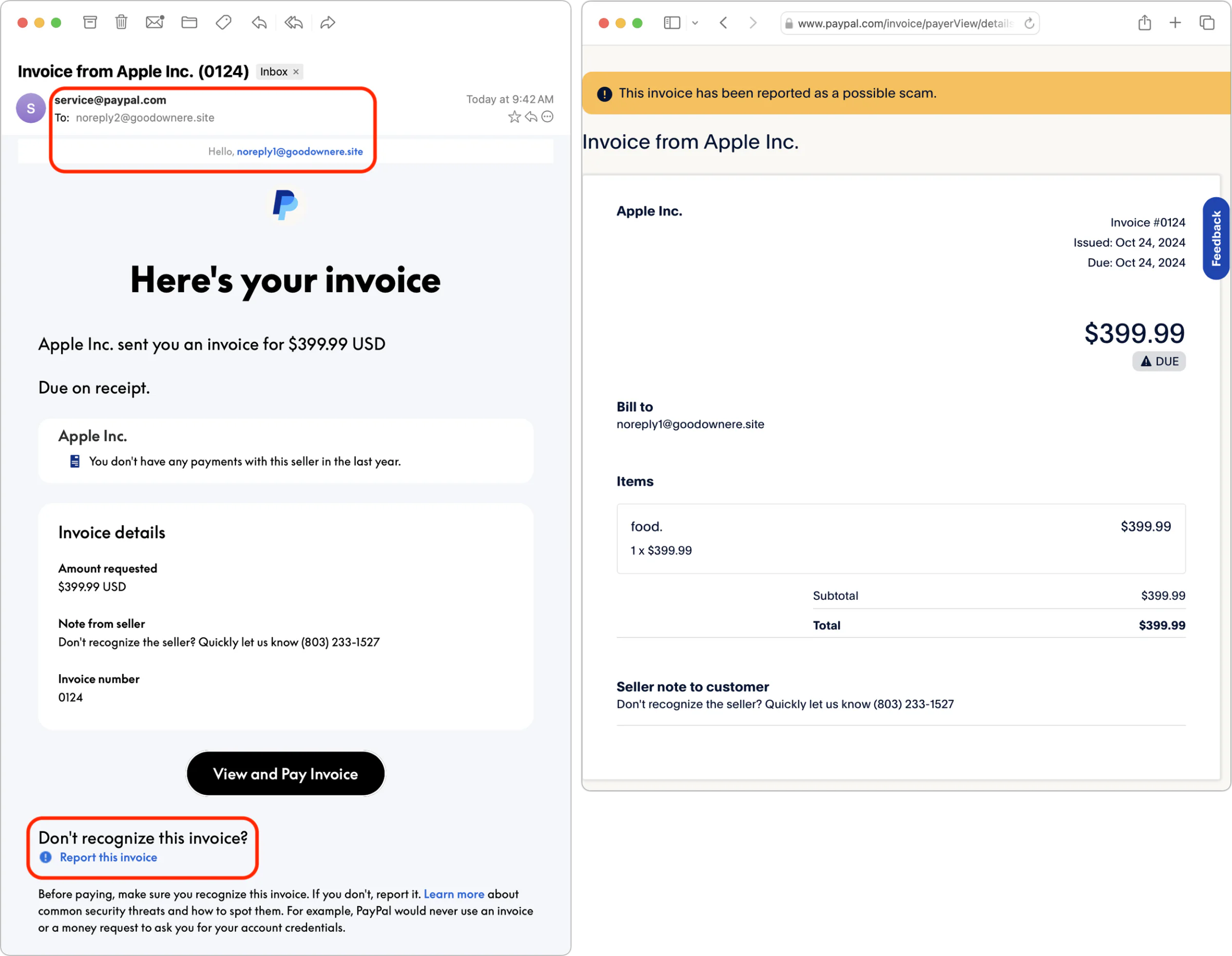 A fake PayPal invoice email with suspicious details highlighted