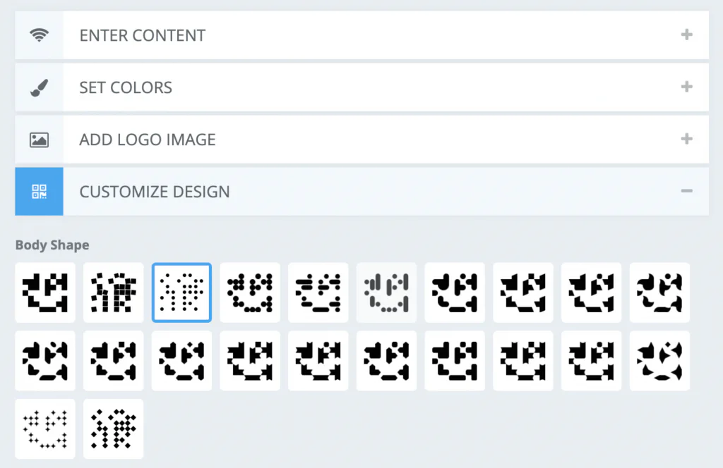 QR code design settings offering different body patterns