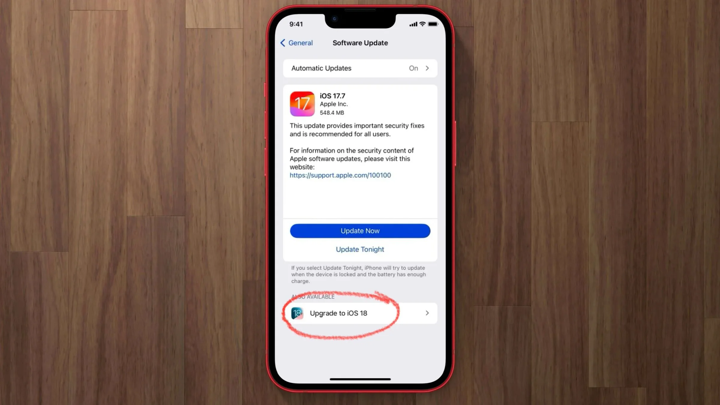 iPhone Software Update screen for iOS 18 with the Update to iOS 18 button circled