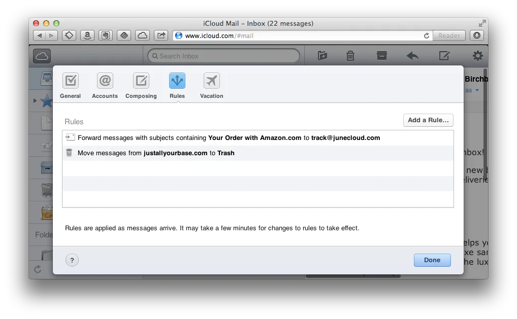 screenshot showing Folde iCloud Mail - Inbox (22 messages) www.icloud.com/#mail
