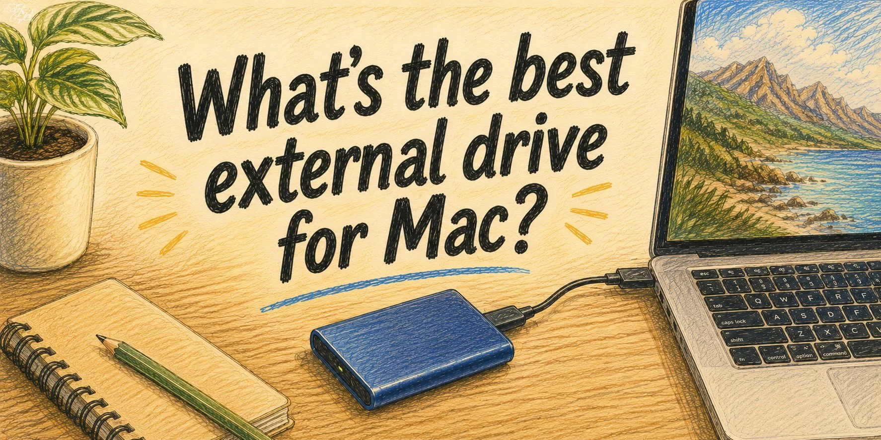 A colored pencil sketch of an SSD drive connected to a MacBook. The caption reads "What's the best external drive for Mac?"