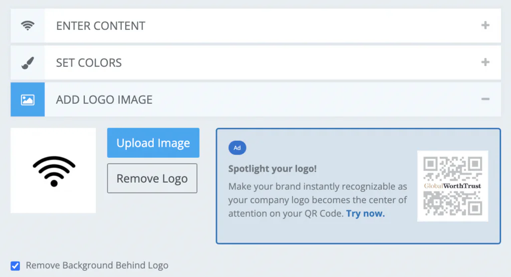 QR code logo settings with a Wi-Fi symbol uploaded
