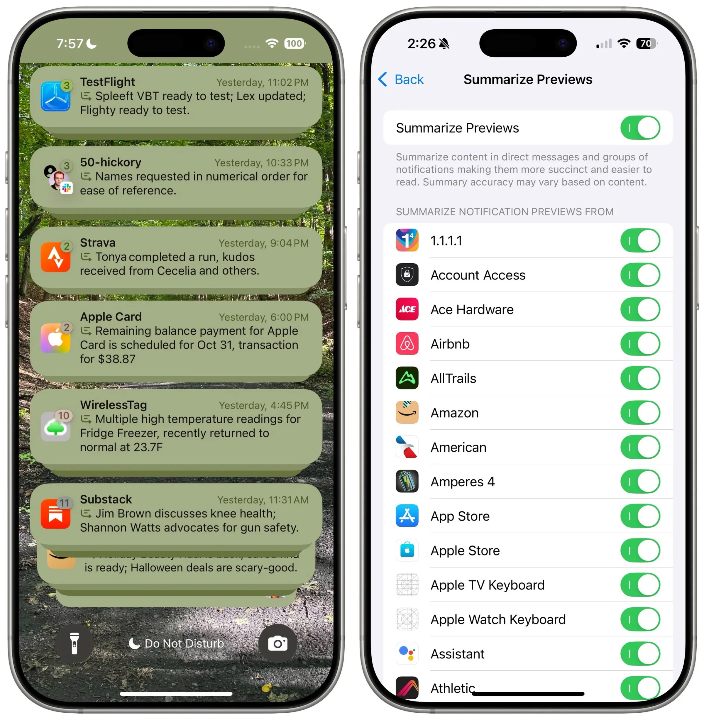 iPhone notification summary beside the notification-summary app selection screen
