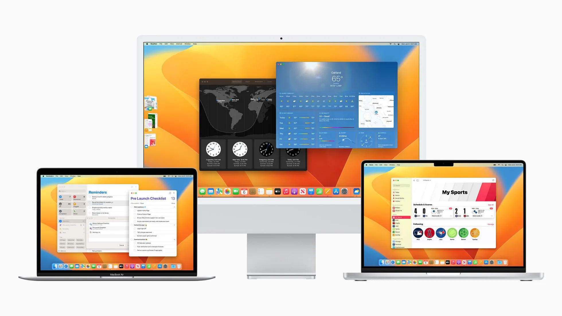 MacBook Air, iMac, and iPhone displaying features from macOS Ventura